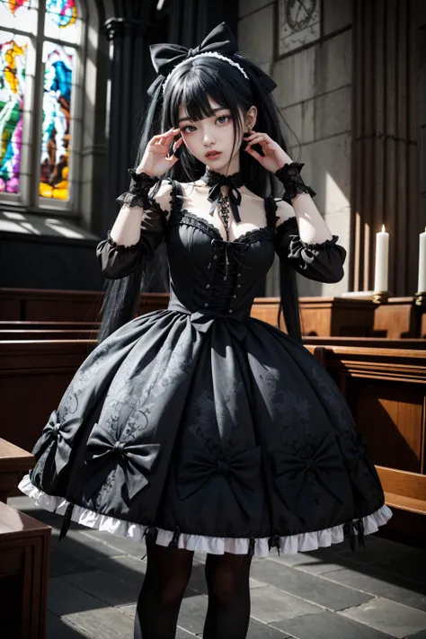 (pixiv masterpiece) absurdres, highres, ultra detailed
,bimbo,glossy, standing, cowboy shot, hand on own face, Chapel, hair over one eye, huge breasts, 
GothGal, a woman in a black and white dress,ribbon,lace,goth print, woman wearing a GothGal outfit  <lora:edgGothGal_MINI:1>
skinny  <lora:skinny:1.2> <lora:short legs:-1.5>