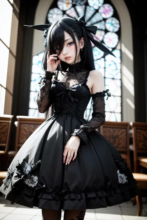 (pixiv masterpiece) absurdres, highres, ultra detailed
,bimbo,glossy, standing, cowboy shot, hand on own face, Chapel, hair over one eye,
GothGal, a woman in a black and white dress,ribbon,lace,goth print, woman wearing a GothGal outfit <lora:edgGothGal_MINI:1>
skinny <lora:skinny:1.2> <lora:short legs:-1.5>