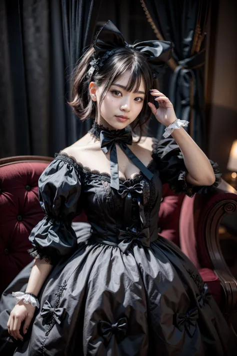 (realistic:1.3), finely detailed, quality, rembrandt lighting, (masterpiece:1.2), (photorealistic:1.2), (best quality), (detailed skin:1.3), (intricate details), dramatic, ray tracing, 1girl, japanese girl, 21 years old, detailed skin texture, (blush:0.5), (goosebumps:0.5), subsurface scattering, smiling, medium breasts, short hair, bangs, hair between eyes, head bow, choker, lace overlay, gothgal, woman wearing a gothgal outfit, black and white dress, frilled dress, puffy sleeves, white frills, lace, white lace embroidery, ribbons, (cute pose, professional fashion photography), <lora:edgGothGal_MINI:1>