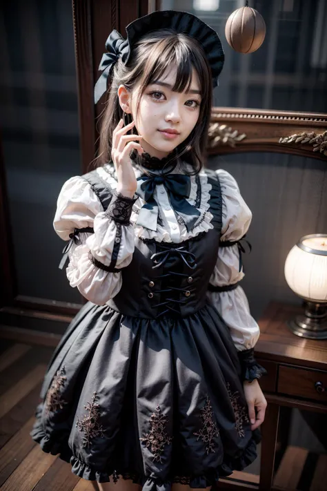 (realistic:1.3), finely detailed, quality, rembrandt lighting, (masterpiece:1.2), (photorealistic:1.2), (best quality), (detailed skin:1.3), (intricate details), dramatic, ray tracing, 1girl, japanese girl, 21 years old, detailed skin texture, (blush:0.5), (goosebumps:0.5), subsurface scattering, smiling, medium breasts, short hair, bangs, hair between eyes, head bow, choker, lace overlay, gothgal, woman wearing a gothgal outfit, frilled dress, puffy sleeves, white frills, lace, white lace embroidery, ribbons, (cute pose, professional fashion photography), <lora:edgGothGal_MINI:1>