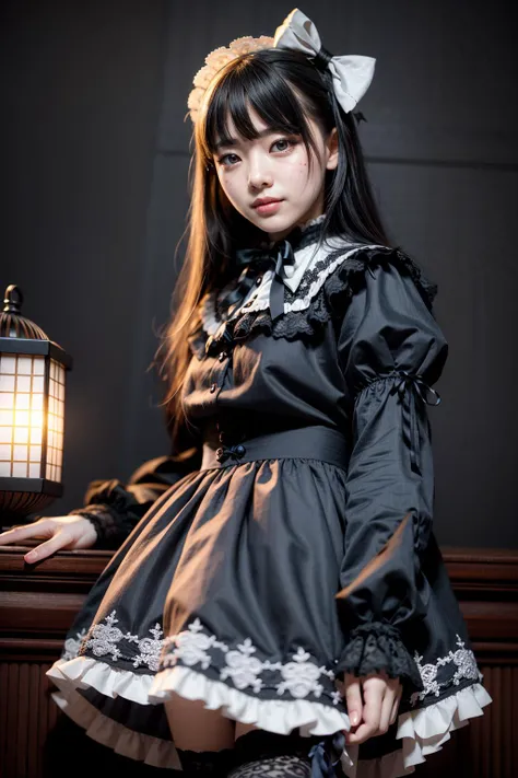(realistic:1.3), finely detailed, quality, rembrandt lighting, (masterpiece:1.2), (photorealistic:1.2), (best quality), (detailed skin:1.3), (intricate details), dramatic, ray tracing, 1girl, japanese girl, 21 years old, detailed skin texture, (blush:0.5), (goosebumps:0.5), subsurface scattering, smiling, medium breasts, short hair, bangs, hair between eyes, head bow, choker, lace overlay, gothgal, woman wearing a gothgal outfit, black and white dress, frilled dress, puffy sleeves, white frills, lace, white lace embroidery, ribbons, (cute pose, professional fashion photography), <lora:edgGothGal_MINI:1>