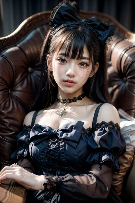 (realistic:1.3), finely detailed, quality, rembrandt lighting, (masterpiece:1.2), (photorealistic:1.2), (best quality), (detailed skin:1.3), (intricate details), dramatic, ray tracing, 1girl, japanese girl, 21 years old, detailed skin texture, (blush:0.5), (goosebumps:0.5), subsurface scattering, smiling, medium breasts, short hair, bangs, hair between eyes, head bow, choker, lace overlay, gothgal, woman wearing a gothgal outfit, frilled dress, puffy sleeves, white frills, lace, white lace embroidery, ribbons, (cute pose, professional fashion photography), <lora:edgGothGal_MINI:1>