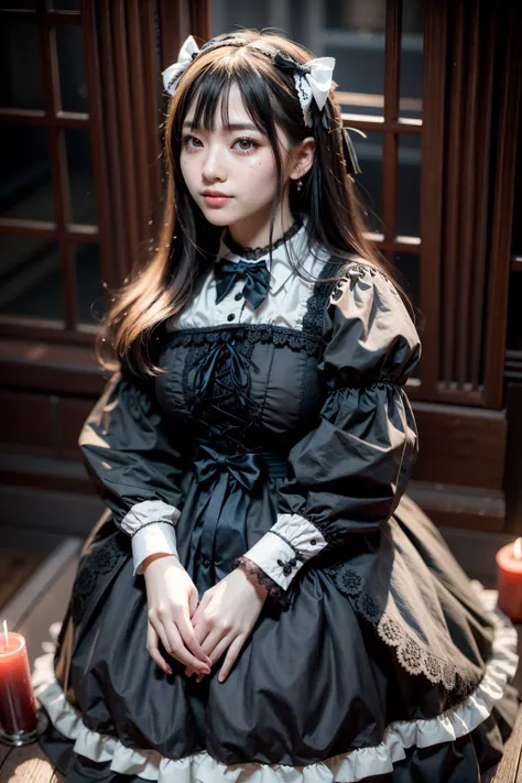 1girl in, multilayered outfit, Lolita style, frilld, victorian gothic lolita fashion, fantasy outfit, witch clothing, layered skirts, costume with blue accents, fantasy style clothing, frilly outfit, Lolita Fashion, victorian inspired clothing, Gothic!!, in detailed steampunk dress, lolish, fashionable rpg clothing, ((long black hair１５Year old girl)), Big breasts 1:4, Beautiful face, Well-formed face, big eye, Beautiful eyes, long eyelashes