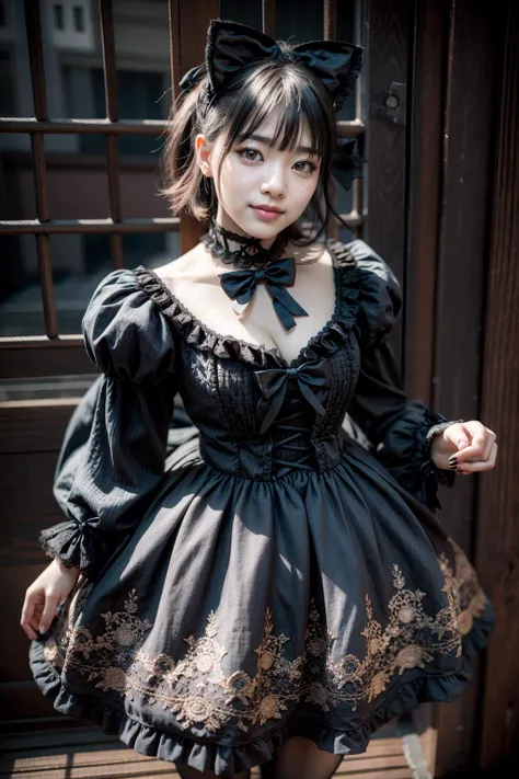 (realistic:1.3), finely detailed, quality, rembrandt lighting, (masterpiece:1.2), (photorealistic:1.2), (best quality), (detailed skin:1.3), (intricate details), dramatic, ray tracing, 1girl, japanese girl, 21 years old, detailed skin texture, (blush:0.5), (goosebumps:0.5), subsurface scattering, smiling, medium breasts, short hair, bangs, hair between eyes, head bow, choker, lace overlay, gothgal, woman wearing a gothgal outfit, frilled dress, puffy sleeves, white frills, lace, white lace embroidery, ribbons, (cute pose, professional fashion photography), <lora:edgGothGal_MINI:1>