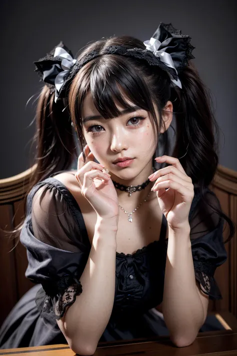 (realistic:1.3), finely detailed, quality, rembrandt lighting, (masterpiece:1.2), (photorealistic:1.2), (best quality), (detailed skin:1.3), (intricate details), dramatic, ray tracing, 1girl, japanese girl, 21 years old, detailed skin texture, (blush:0.5), (goosebumps:0.5), subsurface scattering, smiling, medium breasts, twin tails hair, bangs, hair between eyes, head ribbon, choker, gothgal, woman wearing a gothgal outfit, black and white dress, lace, embroidery, ribbons, frills, (cute pose, professional fashion photography), <lora:edgGothGal_MINI:1>