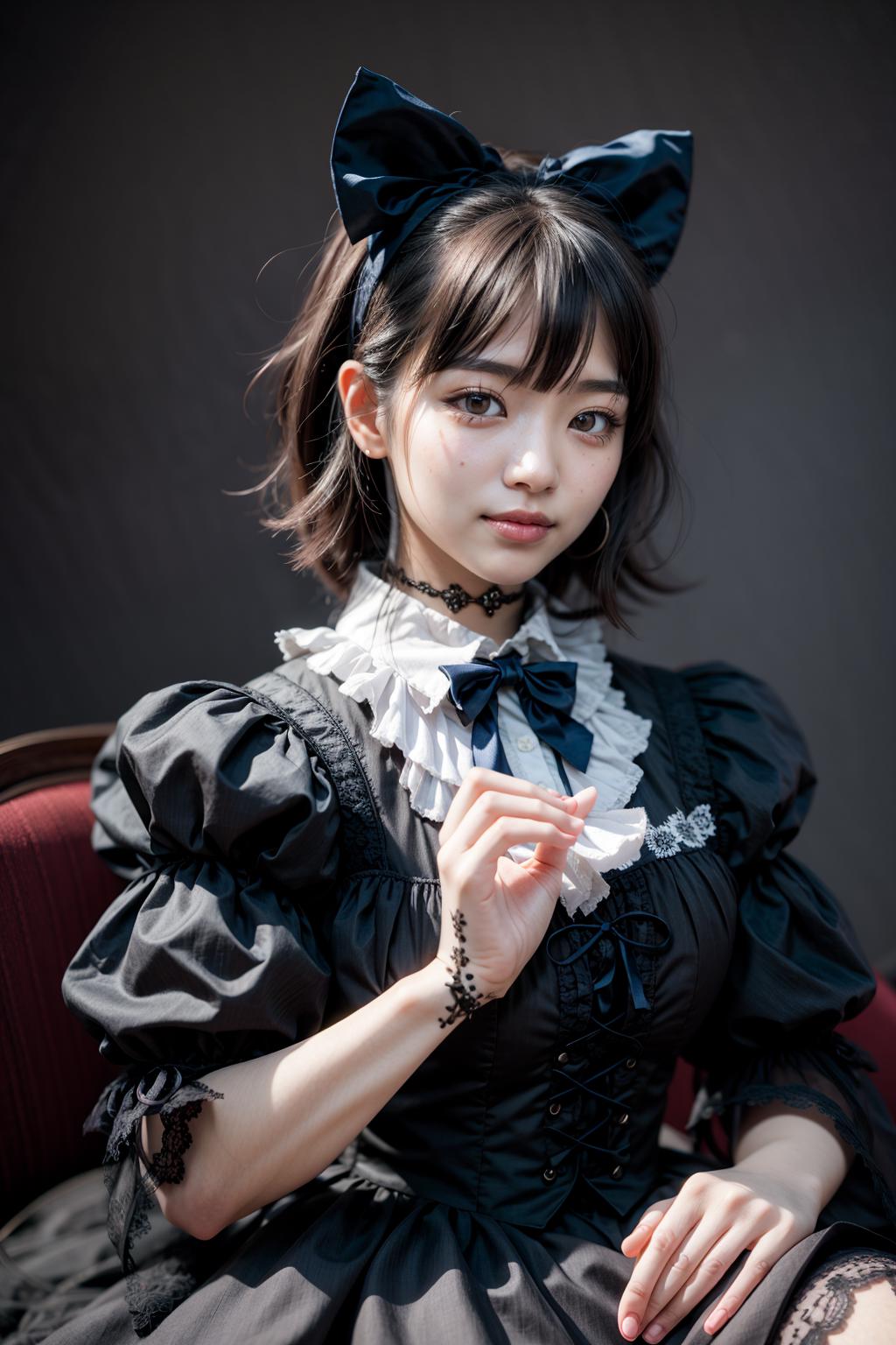 A close up of a woman in a black dress with a cat ear - SeaArt AI