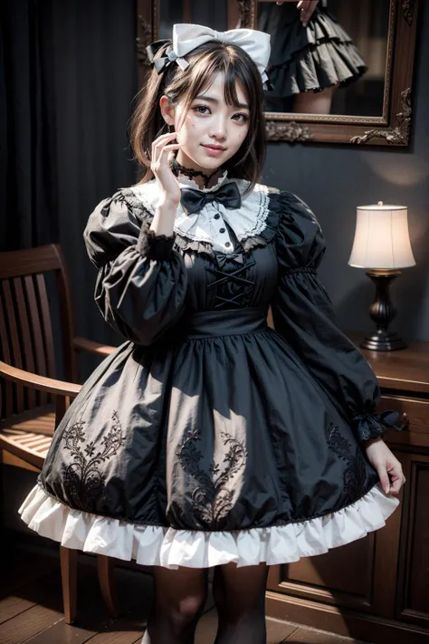 (realistic:1.3), finely detailed, quality, rembrandt lighting, (masterpiece:1.2), (photorealistic:1.2), (best quality), (detailed skin:1.3), (intricate details), dramatic, ray tracing, 1girl, japanese girl, 21 years old, detailed skin texture, (blush:0.5), (goosebumps:0.5), subsurface scattering, smiling, medium breasts, short hair, bangs, hair between eyes, head bow, choker, lace overlay, gothgal, woman wearing a gothgal outfit, black and white dress, frilled dress, puffy sleeves, white frills, lace, white lace embroidery, ribbons, (cute pose, professional fashion photography), <lora:edgGothGal_MINI:1>