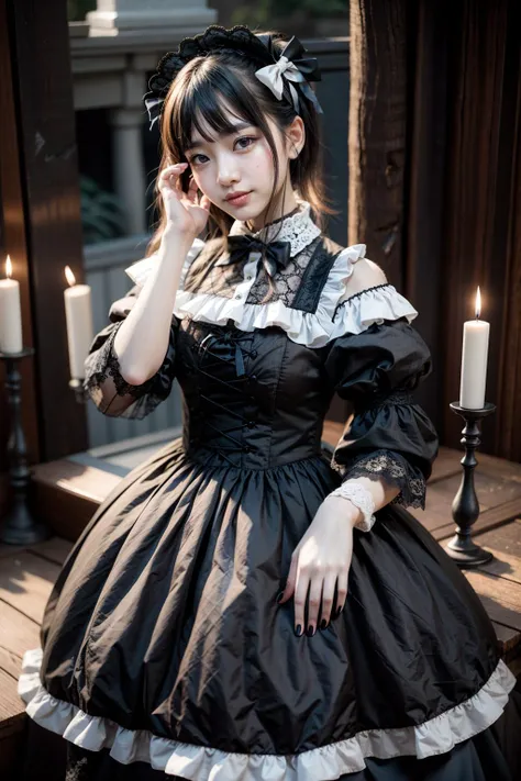 (realistic:1.3), finely detailed, quality, rembrandt lighting, (masterpiece:1.2), (photorealistic:1.2), (best quality), (detailed skin:1.3), (intricate details), dramatic, ray tracing, 1girl, japanese girl, 21 years old, detailed skin texture, (blush:0.5), (goosebumps:0.5), subsurface scattering, smiling, medium breasts, short hair, bangs, hair between eyes, head bow, choker, lace overlay, gothgal, woman wearing a gothgal outfit, frilled dress, puffy sleeves, white frills, lace, white lace embroidery, ribbons, (cute pose, professional fashion photography), <lora:edgGothGal_MINI:1>