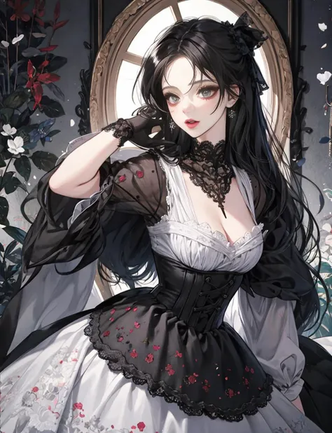 ((Masterpiece, best quality)),solo,edgQuality,bimbo,glossy,
GothGal,a woman in a black and white dress,ribbon,lace,goth print,woman wearing a GothGal outfit,<lora:edgGothGal_MINI:1>,