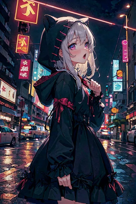 <lora:edgGothGal_MINI:1> GothGal, wearing a GothGal outfit, dress, ribbon, frills, (masterpiece, top quality, best quality, beautiful and aesthetic:1.2), (1girl:1.3), original, high resolution, surreal,, from side, hong kong \(city\), traffic signals, street lights, neon signs, dawn, holding object, animal hoodie, rolled skirt, open mouth