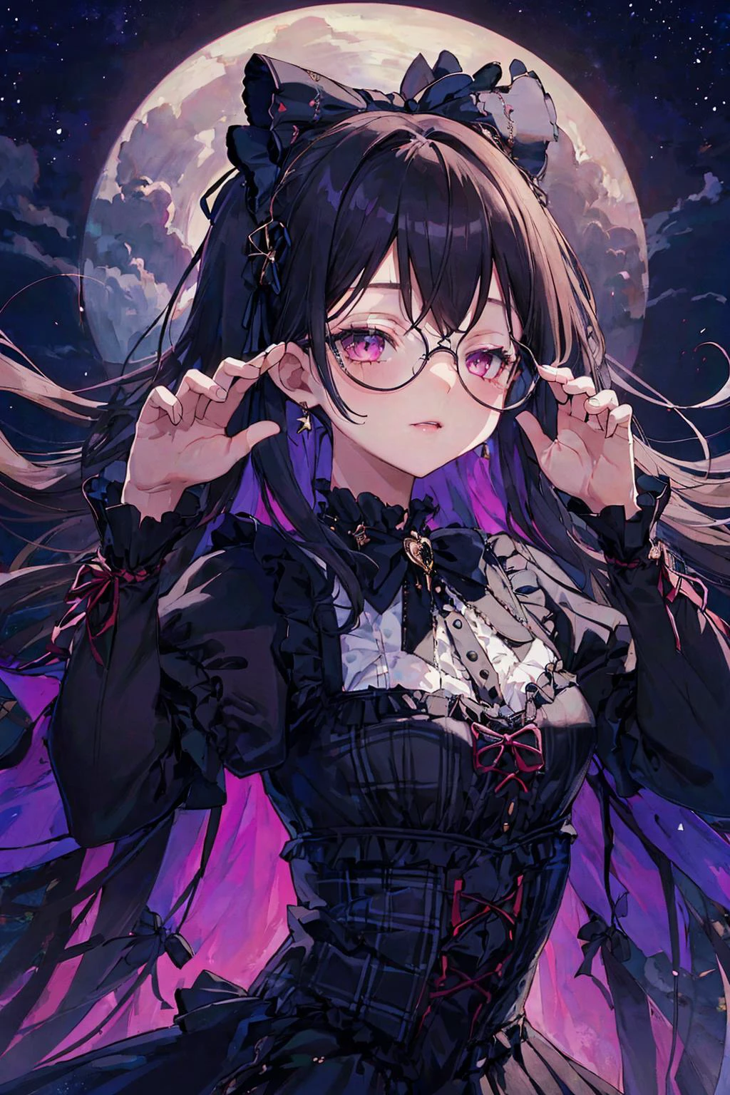<lora:edgGothGal_MINI:1> GothGal, wearing a GothGal outfit, dress, ribbon, frills, <lora:uv:0.7> blacklight, neon lights, neon clothes,, (masterpiece, top quality, best quality, beautiful and aesthetic:1.2), (1girl:1.3), original, high resolution, surreal,, upper body, sapporo, night, full moon, (dynamic pose:1.2), starry print blouse, pleated plaid_skirt, round glasses, half-closed eyes, smile