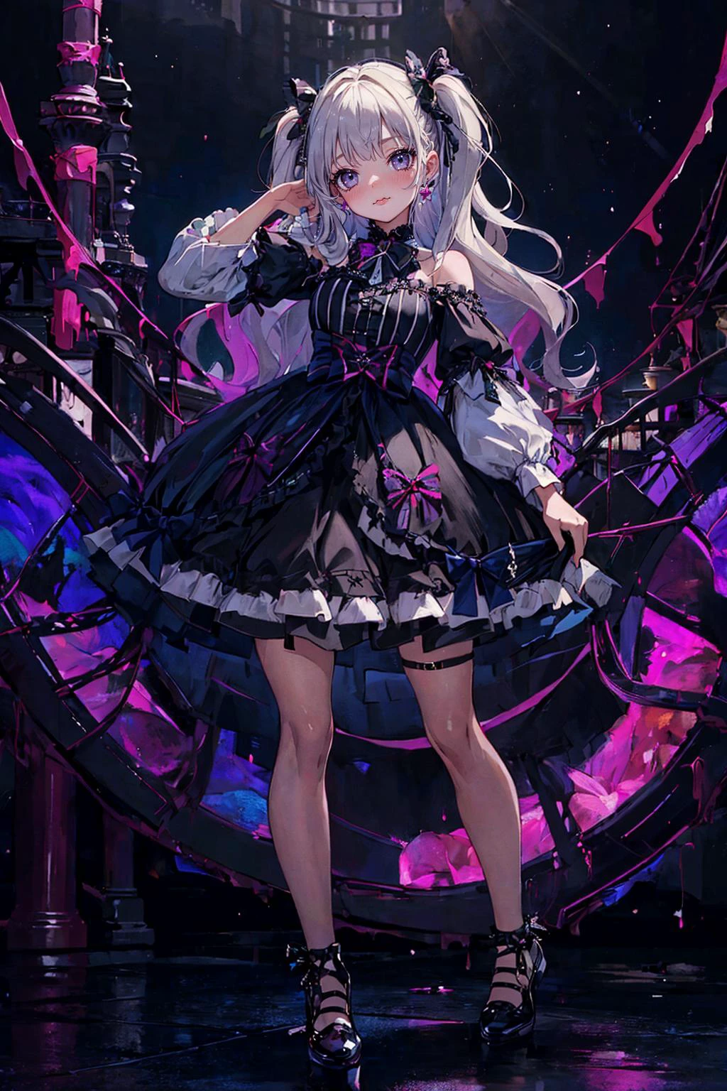 <lora:edgGothGal_MINI:1> GothGal, wearing a GothGal outfit, dress, ribbon, frills, <lora:uv:0.7> blacklight, neon lights, neon clothes,, (masterpiece, top quality, best quality, beautiful and aesthetic:1.2), (1girl:1.3), original, high resolution, surreal,, straight-on, niagara falls, noon, index finger raised, striped shirt, vertical stripes, black skirt, (bulb_toe_shoes), wavy mouth, closed mouth