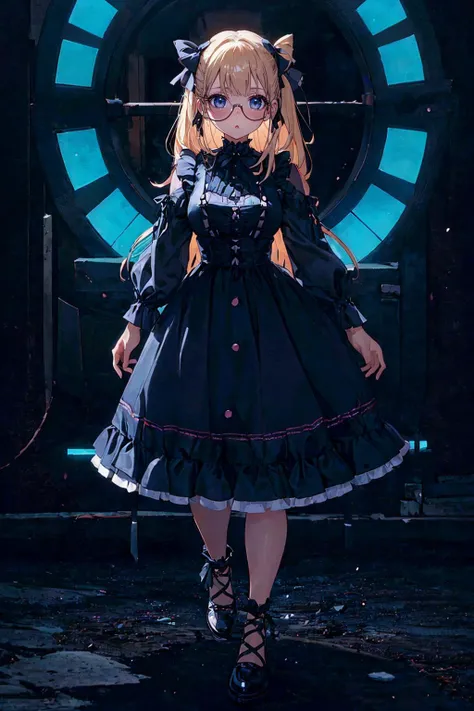 <lora:edgGothGal_MINI:1> GothGal, wearing a GothGal outfit, dress, ribbon, frills, <lora:uv:0.7> blacklight, neon lights, neon clothes,, (masterpiece, top quality, best quality, beautiful and aesthetic:1.2), (1girl:1.3), original, high resolution, surreal,, from afar, full body, mountain, day, sunny, (breasts), overalls, blond shirt, tinted glasses, relaxed