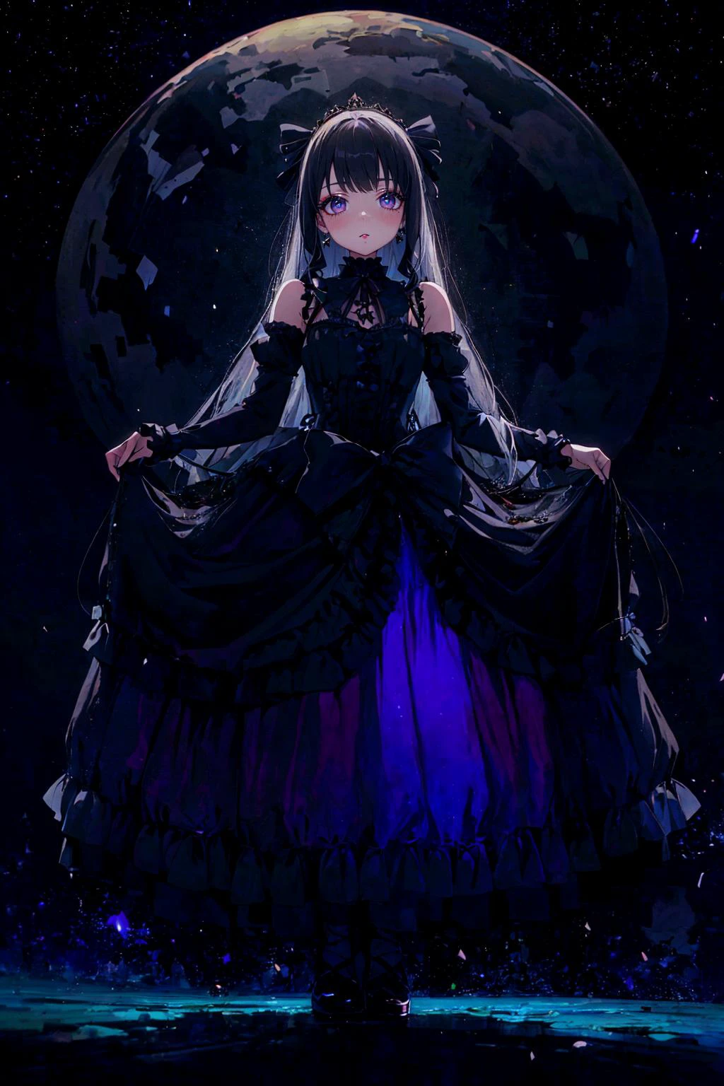 <lora:edgGothGal_MINI:1> GothGal, wearing a GothGal outfit, dress, ribbon, frills, <lora:uv:0.7> blacklight, neon lights, neon clothes, frills,, (masterpiece, top quality, best quality, beautiful and aesthetic:1.2), (1girl:1.3), original, high resolution, surreal,, wide angle, wide shot, full body, spaceship, night, crescent moon, arms crossed, wedding dress,