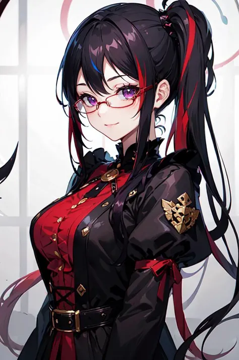 <lora:GothGal:0.75> gothgal, wearing a gothgal outfit,, ultra detailed, masterpiece, best quality, aesthetic, detailed,, solo, smug smile, 1girl, purple eyes, red-framed eyewear, (black hair, red colored tips:1.2), red streaked hair, very long hair, side ponytail, tied hair, medium breasts,