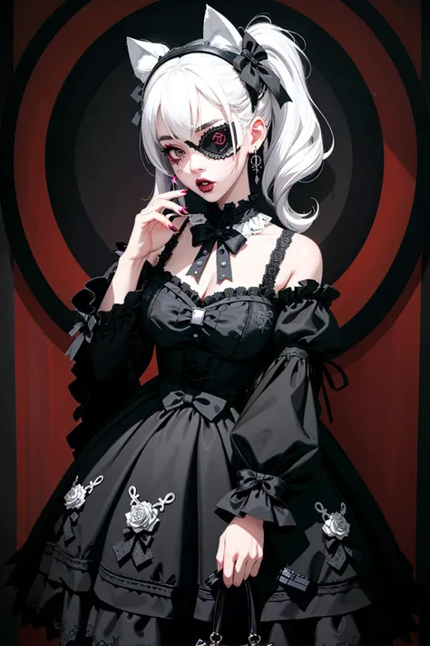 ((Masterpiece, best quality)), edgQuality,bimbo,glossy, GothGal, a woman in a black and white dress,ribbon,lace,goth print , eyepatch,woman wearing a GothGal outfit <lora:edgGothGal_MINI:1>