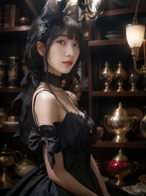 (A hyper-realistic)、(illustratio)、(hight resolution)、(8K)、(ighly detailed)、(Best Illustration)、(beautifully detailed eyes)、(top-quality)、(ultra-detailliert)、(​masterpiece)、(wall-paper）、（A detailed face）、独奏、1 girl in、looking at viewert、fine detailed、A detailed face、in the darkness nigth、deep-shadows、lowkey、pureerosfaceace_v1、A smile、long、Black shawl straight hair、46-point diagonal bangs,　（silk dresses、long  skirt）(off shoulders）View of the castle、、Stand against the wall