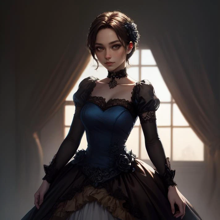 solo, cowboy shot, <lora:harukaHikari(MMBN):0.7> haruka_hikari, mature female, brown hair, brown eyes, short hair,  <lora:gothGownStr07TriggersGothgal Ballgown:0.7> ballgown, gothgal, choker, frilly, masterpiece, best quality, absurdres, highres, 4k, ray tracing, perfect face, perfect eyes, intricate details, highly detailed