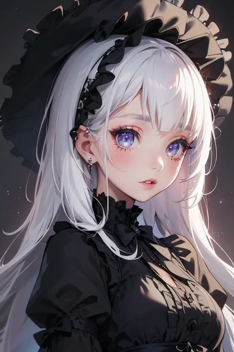 1girl, solo, white hair, sparkling eyes, GothGal, wearing a GothGal outfit, dress, ribbon, frills, <lora:goth gals_edg:1>, closeup portrait, looking at viewer, masterpiece, best quality, top quality, ultra-detailed, professional illustration, animation, official art, beautiful and aesthetic, detailed background, hires