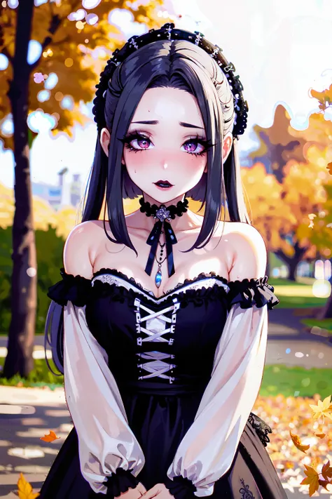 (masterpiece:1.2), (best quality:1.2), perfect eyes, perfect face, perfect lighting, 1girl, mature female gothgal standing, long hair, intricate hairdo, makeup, black lips, thick eyelashes, wearing a gothgal outfit, black and (white:1.2) dress, frills, ribbons, puffy sleeves, bare shoulders, lacey choker, jewelry, peaceful, quiet, chill, detailed outdoor background, beautiful landscape, fantasy, autumn, warm colors, falling leaves  <lora:gothGals_v10:1>  <lora:fellatrixStyle_v1:0.6>