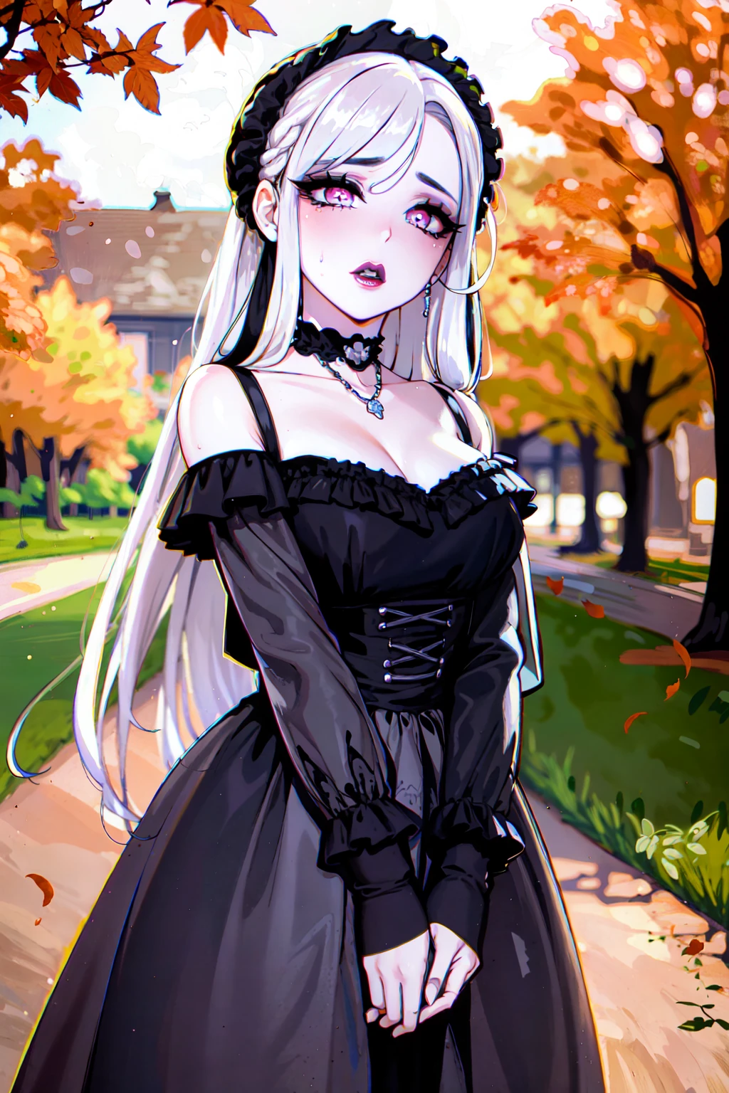 (masterpiece:1.2), (best quality:1.2), perfect eyes, perfect face, perfect lighting, 1girl, mature female gothgal standing, long hair, intricate hairdo, makeup, black lips, thick eyelashes, wearing a gothgal outfit, black and (white:1.2) dress, frills, ribbons, puffy sleeves, bare shoulders, lacey choker, jewelry, peaceful, quiet, chill, detailed outdoor background, beautiful landscape, fantasy, autumn, warm colors, falling leaves <lora:gothGals_v10:1> <lora:fellatrixStyle_v1:0.6>