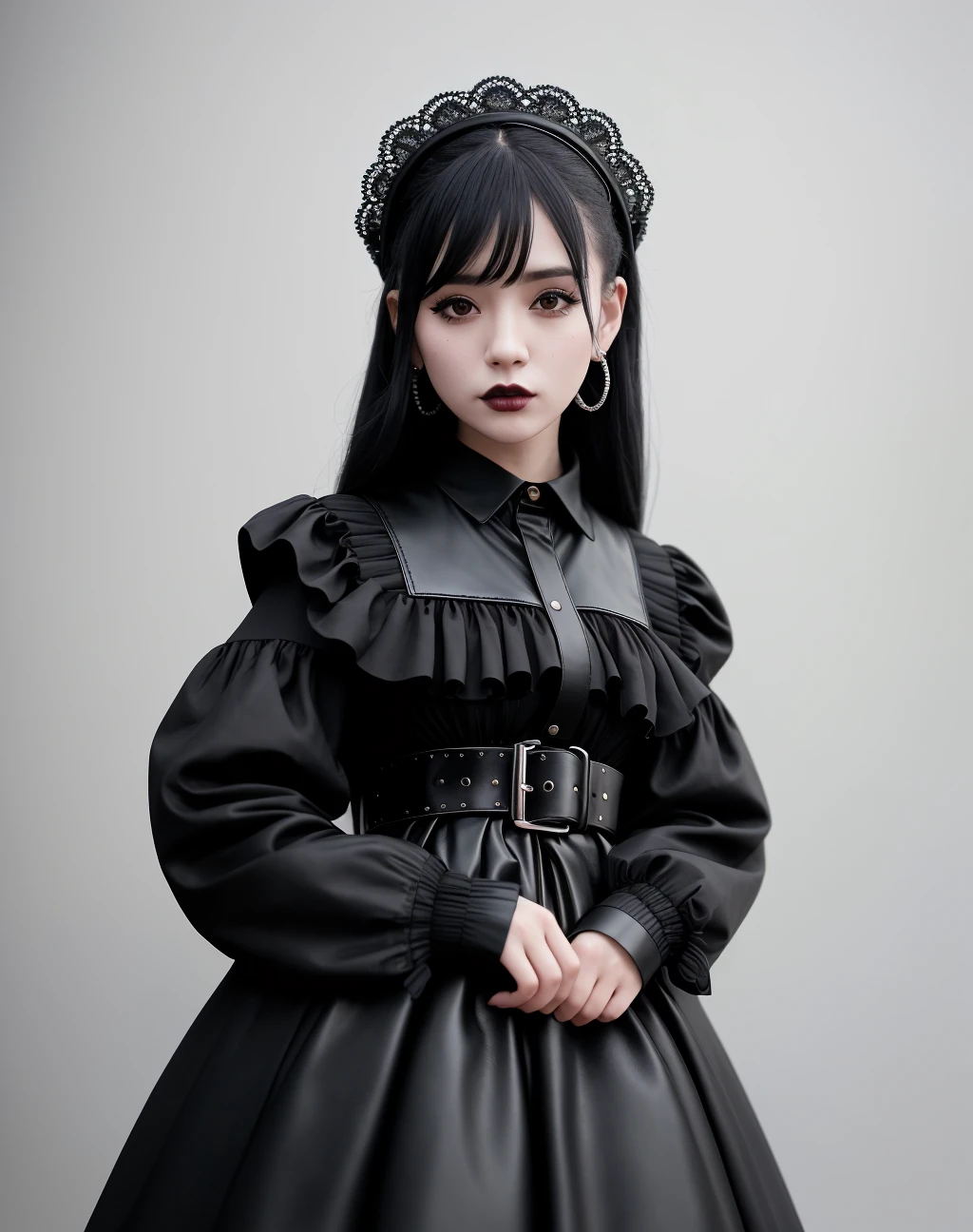 Masterpiece, absurdres,award winning photo, extremely detailed, amazing, fine detail, extremely detailed eyes and face, by lee jeffries nikon d850 film stock photograph 4 kodak portra 400 camera f1.6 lens rich colors hyper realistic lifelike texture dramatic lighting unrealengine trending on artstation cinestill 800 tungsten,goth woman,
<lora:GothGal:0.75>, GothGal, a woman in a black dress and black shoes , woman wearing a GothGal outfit, leather belt, black ribbon in the hair, leather fusion with dress