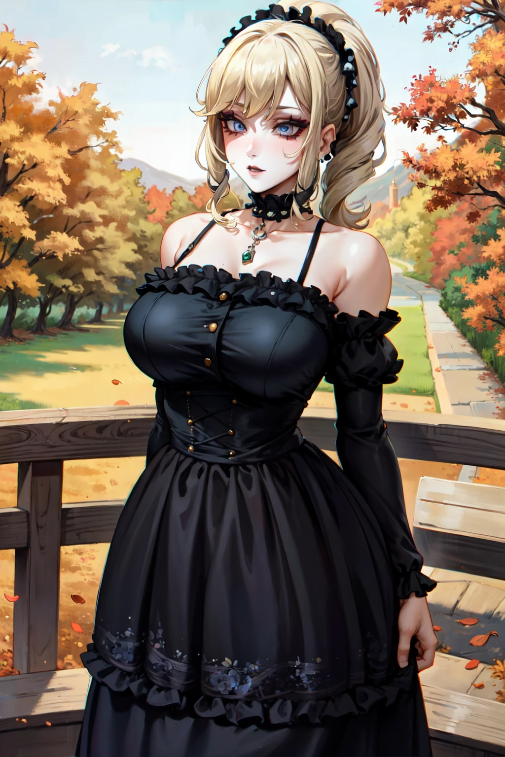 (masterpiece:1.2), (best quality:1.2), perfect eyes, perfect face, perfect lighting, 1girl, mature female gothgal standing, long blonde hair, intricate hairdo, makeup, black lips, thick eyelashes, huge breasts, wearing a gothgal outfit, black and white dress, frills, ribbons, puffy sleeves, bare shoulders, lacey choker, jewelry, peaceful, quiet, chill, detailed outdoor background, beautiful landscape, fantasy, autumn, warm colors, falling leaves <lora:gothGals_v10:1>