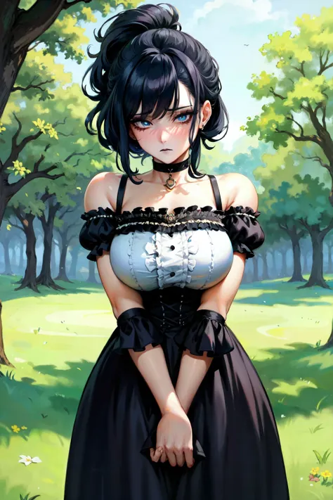 (masterpiece:1.2), (best quality:1.2), perfect eyes, perfect face, perfect lighting, 1girl, mature female gothgal standing with her hands in front, makeup, black lips, thick eyelashes, sad, melancholy, wearing a gothgal outfit, black and white dress, frills, ribbons, puffy sleeves, bare shoulders, lacey choker, jewelry, peaceful, quiet, chill, detailed outdoor background, beautiful landscape, fantasy, summer, sunny, sunburnt, flowers, trees  <lora:gothGals_v10:1>