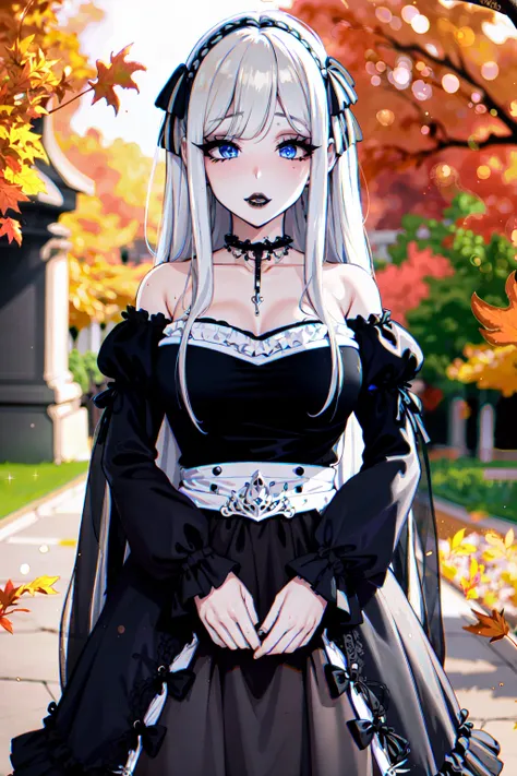 (masterpiece:1.2), (best quality:1.2), perfect eyes, perfect face, perfect lighting, 1girl, mature female gothgal standing, long hair, intricate hairdo, makeup, black lips, thick eyelashes, wearing a gothgal outfit, black and (white:1.2) dress, frills, ribbons, puffy sleeves, bare shoulders, lacey choker, jewelry, peaceful, quiet, chill, detailed outdoor background, beautiful landscape, fantasy, autumn, warm colors, falling leaves  <lora:gothGals_v10:1>  <lora:fellatrixStyle_v1:0.6>