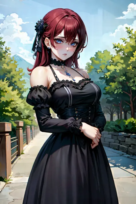 (masterpiece:1.2), (best quality:1.2), perfect eyes, perfect face, perfect lighting, 1girl, mature female gothgal standing with her hands in front, long red hair, intricate hairdo, makeup, black lips, thick eyelashes, sad, melancholy, wearing a gothgal outfit, black and white dress, frills, ribbons, puffy sleeves, bare shoulders, lacey choker, jewelry, peaceful, quiet, chill, detailed outdoor background, beautiful landscape, fantasy, summer, sunny <lora:gothGals_v10:1>