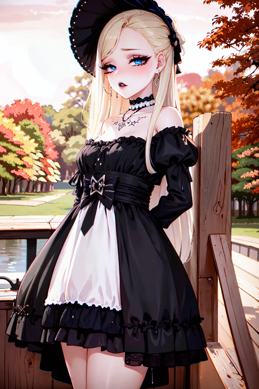 (masterpiece:1.2), (best quality:1.2), perfect eyes, perfect face, perfect lighting, 1girl, mature female gothgal standing, long blonde hair, intricate hairdo, makeup, black lips, thick eyelashes, small breasts, wearing a gothgal outfit, black and (white:1.2) dress, frills, ribbons, puffy sleeves, bare shoulders, lacey choker, jewelry, peaceful, quiet, chill, detailed outdoor background, beautiful landscape, fantasy, autumn, warm colors, falling leaves <lora:gothGals_v10:1> <lora:fellatrixStyle_v1:0.6>