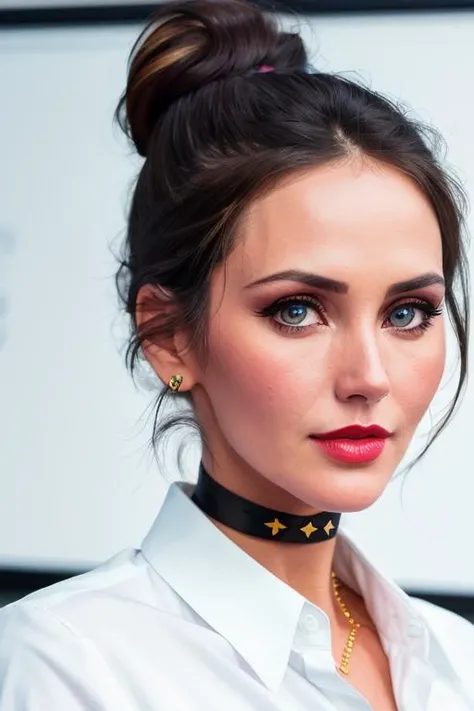 photo of lyndac:0.99, a 25 year old woman, ((pale skin):1.2), ((closeup, portrait)), ((hair up, hair in bun, black hair):1.2), beautiful skin, ((collared shirt, white shirt, choker):1.2), ((indoors, conference room, whiteboard):1.2),((detailed face, beautiful face, detailed eyes, beautiful eyes):1.1), ((lipstick, eyeliner, eye shadow):1.2),((best quality, masterpiece, extreme details):1.2) ((detailed eyes, detailed face):1.2),modelshoot style, (extremely detailed CG unity 8k wallpaper), photo of the most beautiful artwork in the world, , professional majestic (photography by Steve McCurry), 8k uhd, dslr, soft lighting, high quality, film grain, Fujifilm XT3 sharp focus, f 5.6, High Detail, Sharp focus, dramatic