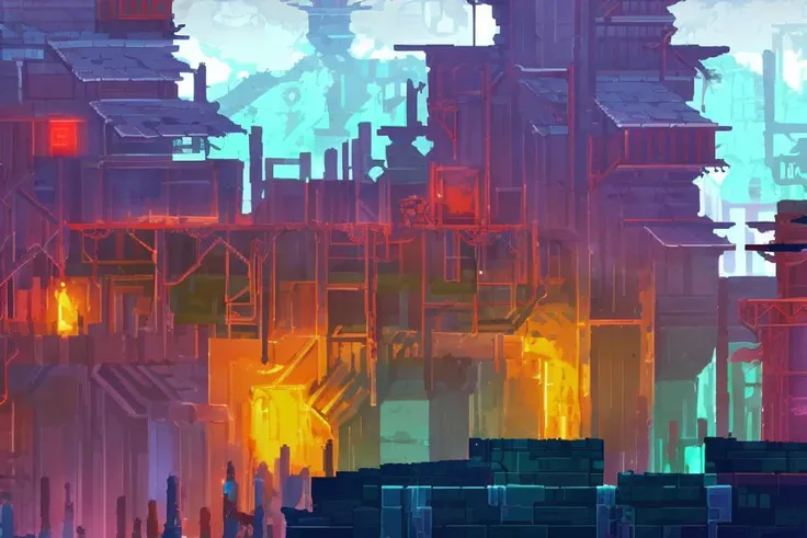 2d platformer, level design, cyberpunk, highly detailed, digital painting, artstation, concept art, smooth, sharp focus, illustration, <lora:DeadCells:1>