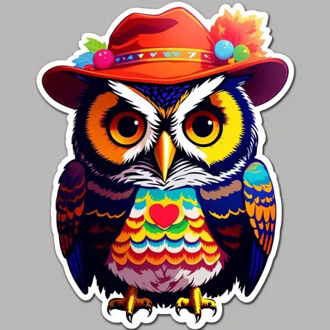 Cute owl with a colorful hat,
,sticker,,stickers
, <lora:StickersRed15PasWithTE:1>