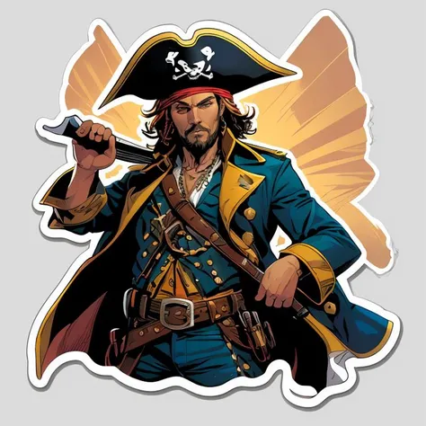 flat shaded western comic book style,(masterpiece, top quality, best quality, official art, (masterpiece), A pirate man ,sticker,,stickers, <lora:StickersRedmond15Version-Stickers-Sticker:0.8>