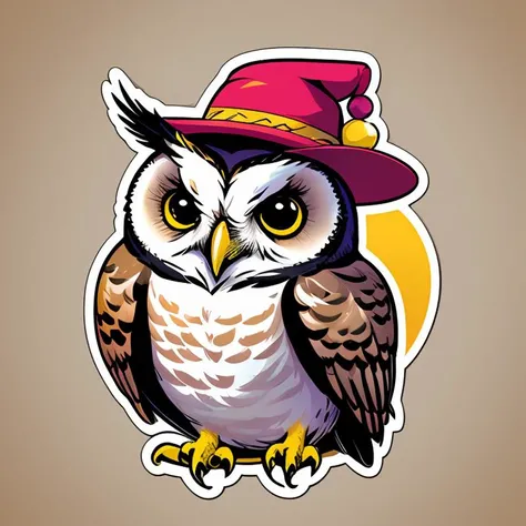 flat shaded western comic book style,(masterpiece, top quality, best quality, official art, (masterpiece), Cute owl with a colorful hat, ,sticker,,stickers , <lora:StickersRedmond15Version-Stickers-Sticker:0.8>