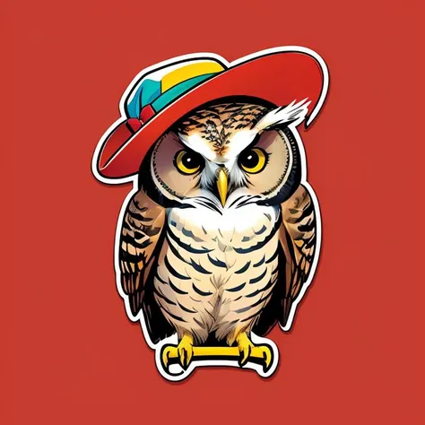 flat shaded western comic book style,(masterpiece, top quality, best quality, official art, (masterpiece), Cute owl with a colorful hat, ,sticker,,stickers ,  <lora:StickersRedmond15Version-Stickers-Sticker:0.8>