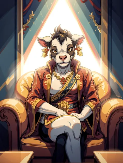 ((masterpiece), best quality, high quality, professional quality, highly detailed, highres, perfect lighting, natural lighting), cartoony:1.5, cow furry:1.5, sitting, crossed legs, buddha pose, wearing buddha clothing, sticker, <lora:StickersRedmond15Version-Stickers-Sticker:1.5>, <lora:cutemix5:0.6>, <lora:DerpixonStyle:0.4>