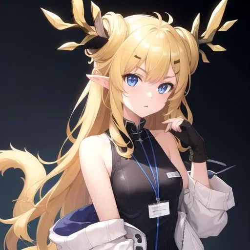((masterpiece)),(best quality),official art,extremely detailed CG,unity 8k wallpaper,ultra detailed,1girl,solo,upper body,(portrait:1.2),blonde_hair,very_long_hair,high_heels,tail,horns,black_dress,fingerless_gloves,white_jacket,black_gloves,black_footwear,off_shoulder,pointy_ears,looking_at_viewer,high_heel_boots,blue_eyes,bare_shoulders,open_jacket,bangs,sleeveless_dress,black_pantyhose,id_card,<lora:Leizi(ark)>,