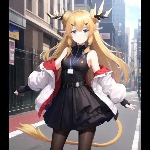 ((masterpiece)),(best quality),official art,extremely detailed CG,unity 8k wallpaper,ultra detailed,1girl,solo,cowboy shot,blonde_hair,very_long_hair,high_heels,tail,horns,black_dress,fingerless_gloves,white_jacket,black_gloves,black_footwear,off_shoulder,pointy_ears,looking_at_viewer,high_heel_boots,blue_eyes,bare_shoulders,open_jacket,bangs,sleeveless_dress,black_pantyhose,id_card,<lora:Leizi(ark)>,