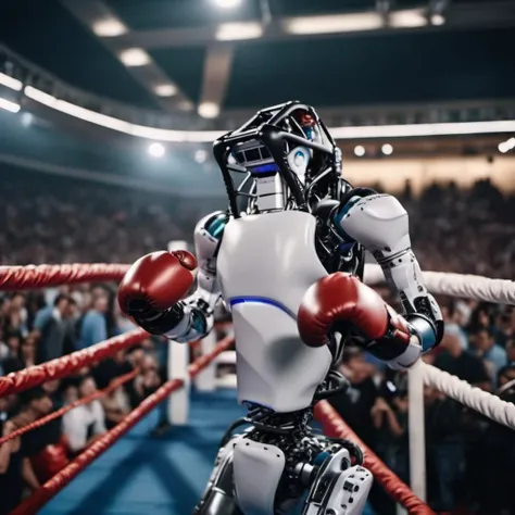 cinematic photo robots wears boxinggloves, boxing on a ring in a crowded stadium <lora:Atlas1024-000160:0.8> . 35mm photograph, film, bokeh, professional, 4k, highly detailed