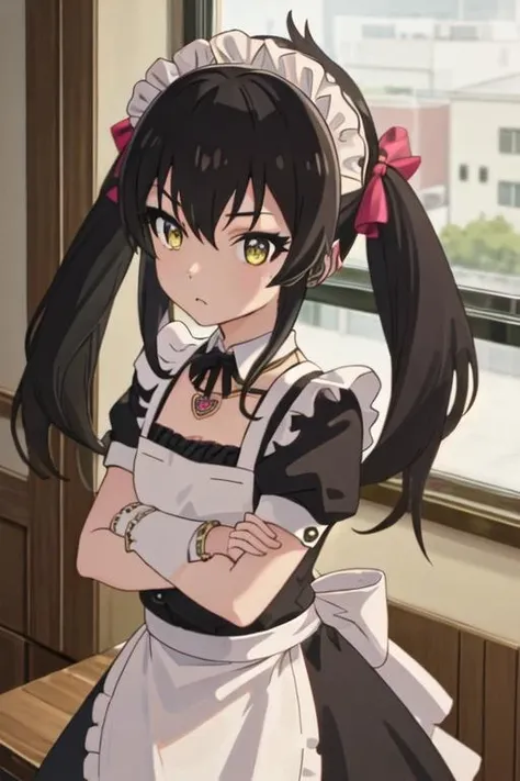 best quality, masterpiece, highres, solo, {maid:1.40}, {long maid dress:1.15}, {matoba_risa_theidolmastercinderellagirlsu149:1.15}, black_hair, long_hair, twintails, yellow_eyes, ribbon, hair_ribbon, jewelry, necklace, hair_between_eyes