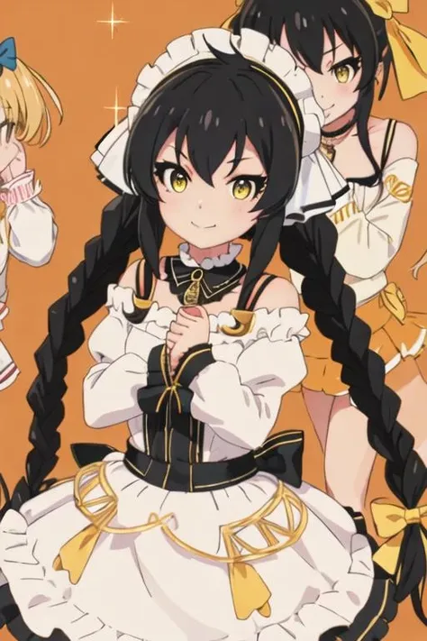 best quality, masterpiece, highres, solo, {matoba_risa_theidolmastercinderellagirlsu149:1.15}, black_hair, long_hair, twintails, yellow_eyes, ribbon, hair_ribbon, jewelry, necklace, hair_between_eyes, 1girl, bangs, bonnet, braid, closed_mouth, frills, looking_at_viewer, own_hands_together, smile, twin_braids, dress, long_sleeves, orange_background, bow, hair_bow, sparkle, upper_body, white_dress