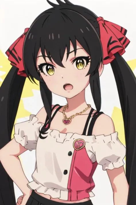 best quality, masterpiece, highres, solo, {matoba_risa_theidolmastercinderellagirlsu149:1.15}, black_hair, long_hair, twintails, yellow_eyes, ribbon, hair_ribbon, jewelry, necklace, hair_between_eyes, 1girl, collarbone, upper_body, open_mouth, red_background, simple_background, bangs, chromatic_aberration