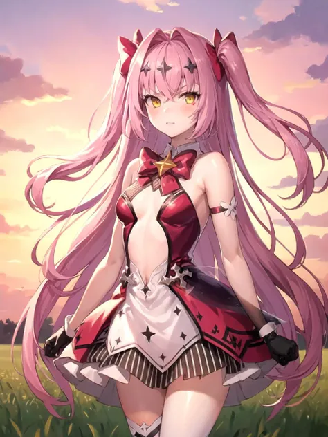 masterpiece, best quality, 1girl, solo, dstomoca, pink hair, very long hair, two side up, yellow eyes, small breasts, star hair ornament, hair bow, dress, bowtie, gloves, center cutout, (single thighhigh:1.1), standing, outdoors, field, sunset, lens flare, cowboy shot
<lyco:dstomoca_lc_768:1>