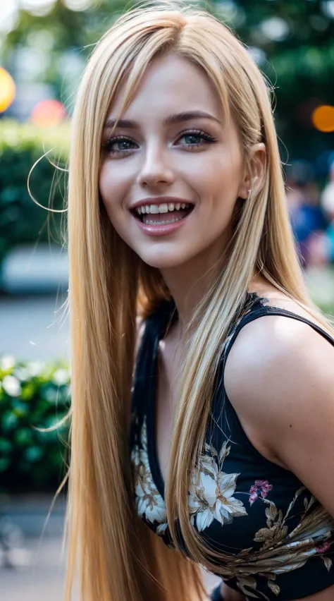 Beautiful Lighting, portraid, (1girl:blonde hair, bangs, long hair, hair between eyes), (real skin), (outdoors:1.3), happy expression, open mouth, laughing, <lora:add_detail:1>, bokeh, ((cinematic, hyper realistic photograph, insanely detailed and intricate, hyper maximalist, elegant, super detailed, dynamic pose, photography, volumetric, ultra - detailed, 8k))