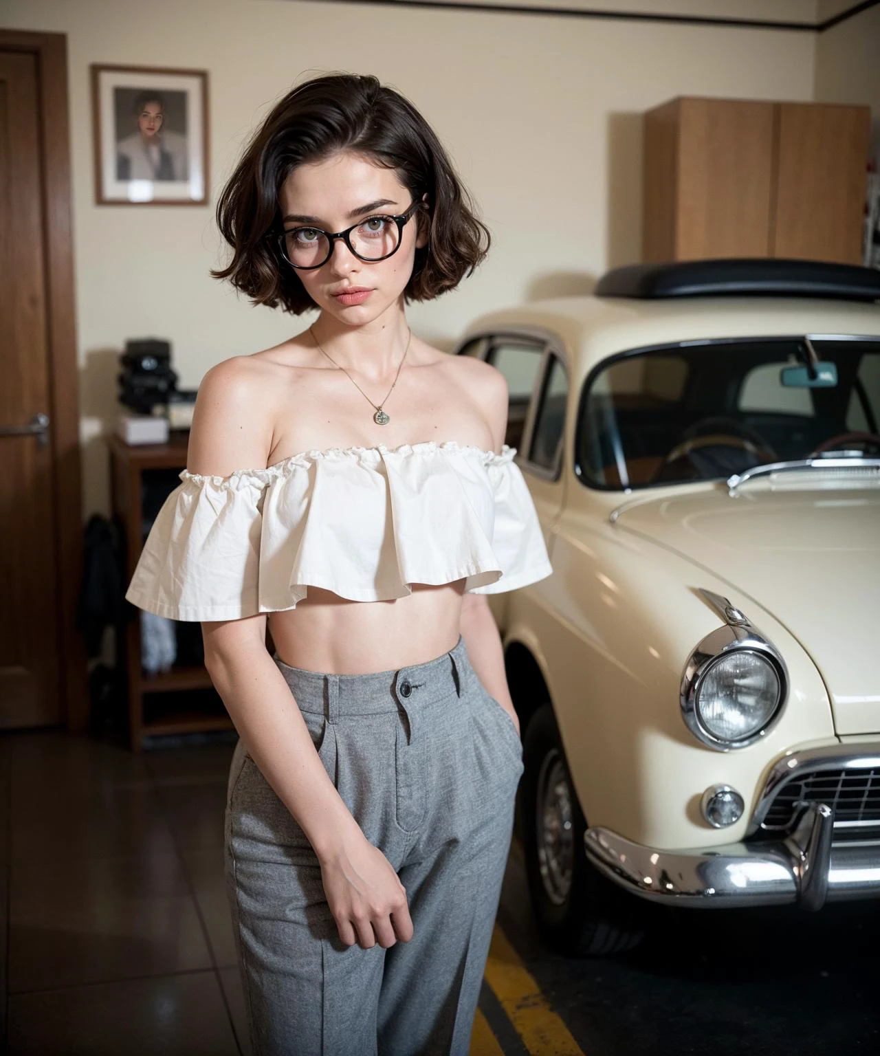1950s Garage \(style\) photo of 20 year old jp-newgrlv2-700 ,Short curly bob, vintage cat-eye glasses, Capri pants, off-shoulder top, scarf, Retro garage, hot rod, mechanics tools, Olympus OM-D E-M10 Mark IV, 28mm f/2, 1/50s, ISO 280, Agfa Vista 400