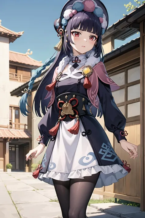 (masterpiece:1.2),(extremely detailed CG unity 8k wallpaper),best illustration,ultra detailed,top quality,absurdres,Unreal Engine,solo,1girl,yun jin \(genshin impact\),bonnet,long hair,purple hair,braid,blunt bangs,red eyes,capelet,fur collar,long sleeves,tassel,fur trim,dress,vision \(genshin impact\),purple pantyhose,black footwear,(disgust:1.5),disdain,blush,(correct hand:1.3),(correct fingers:1.3),sharp focus,(depth of field:1.3),(bokeh:1.3),day,sky,(looking_at_viewer:1.5),anime screencap,<lora:animemix_v3_offset:0.4>,<lora:yunjin:1>,(chinese style architecture:1.3),(from_below:1.3),(outdoors:1.1),(covering_chest_by_hand:1.4),