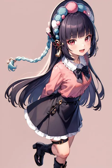 masterpiece, best quality, <lora:yunjin:1>,1girl, solo, skirt, shirt, bag, pink background, heart, long hair, black hair, bangs, pink shirt, black skirt, smile, black footwear, full body, high heels, looking at viewer, boots, open mouth, bow, high heel boots, blunt bangs, frills, hair ornament, :d, thigh strap, long sleeves, black bow, arms behind back, standing, holding bag, handbag, black bowtie, very long hair, mayuzumi fuyuko, bowtie, braid, holding, ribbon, black ribbon, platform footwear, black bag, blush, heart o-ring, neck ribbon, socks, frilled shirt