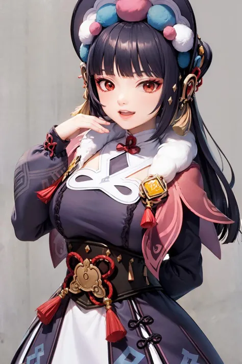 masterpiece, best quality, <lora:yunjin:1>,yun jin \(genshin impact\), 1girl,solo, red eyes, bangs, vision (genshin impact), blunt bangs, looking at viewer, smile, blush, long sleeves, dress, long hair, open mouth, bonnet, black hair, hime cut, tassel, purple dress, capelet, purple headwear,grey background, kbxll